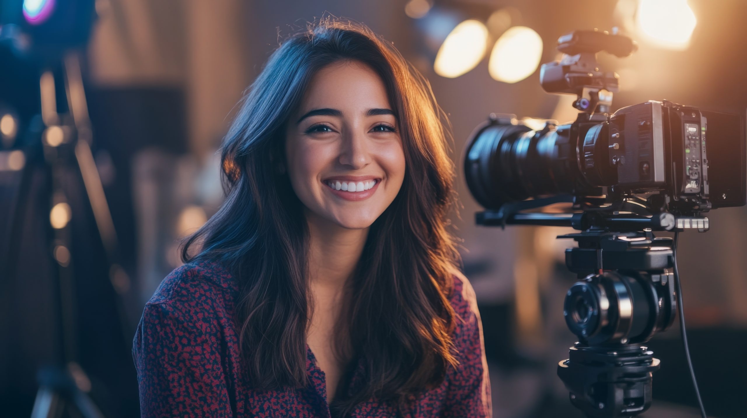 A Smiling Woman Posing in Front of a Camera on a Tripod
