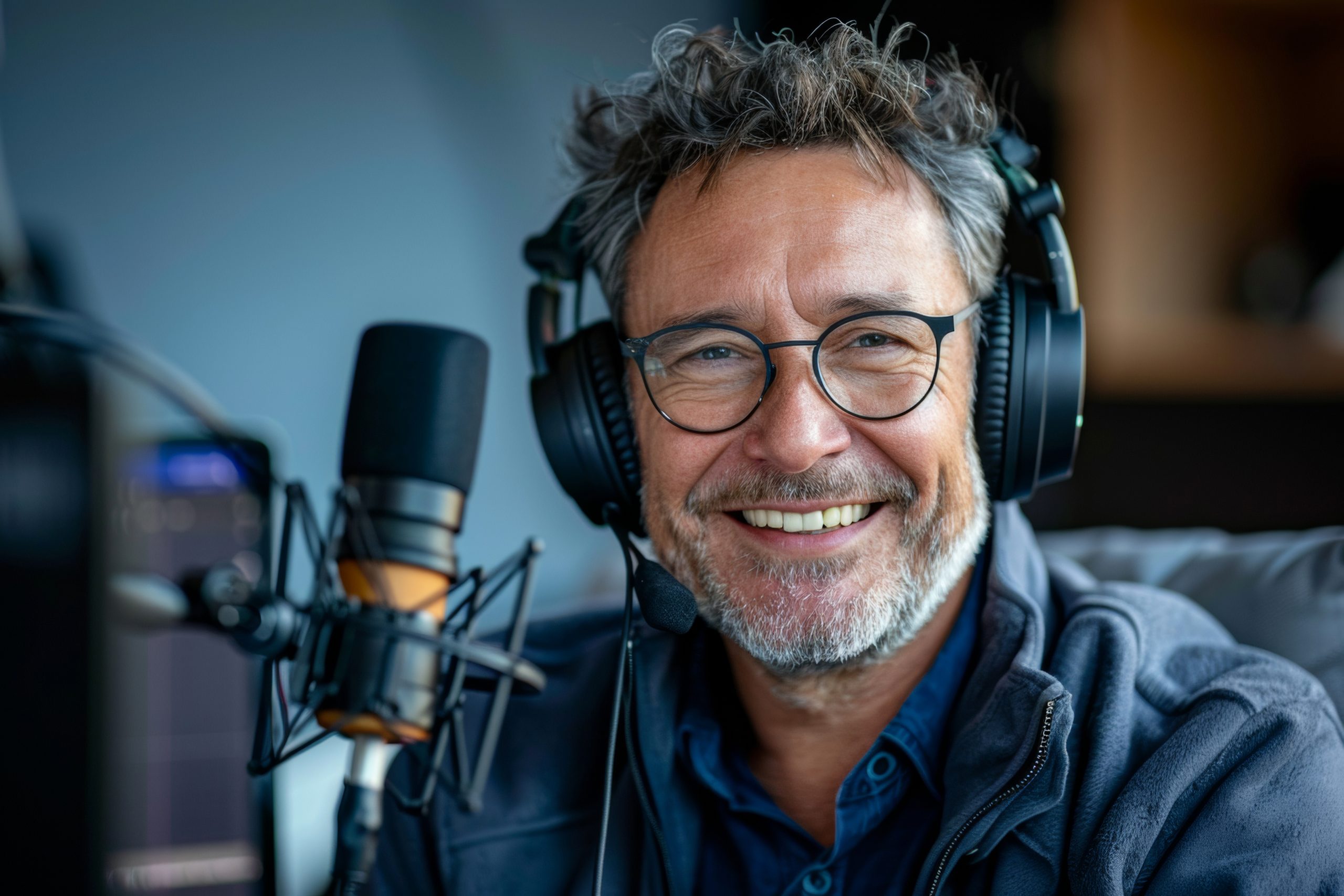 A cheerful middle-aged man recording in a professional podcast setup, showcasing enthusiasm and engagement.