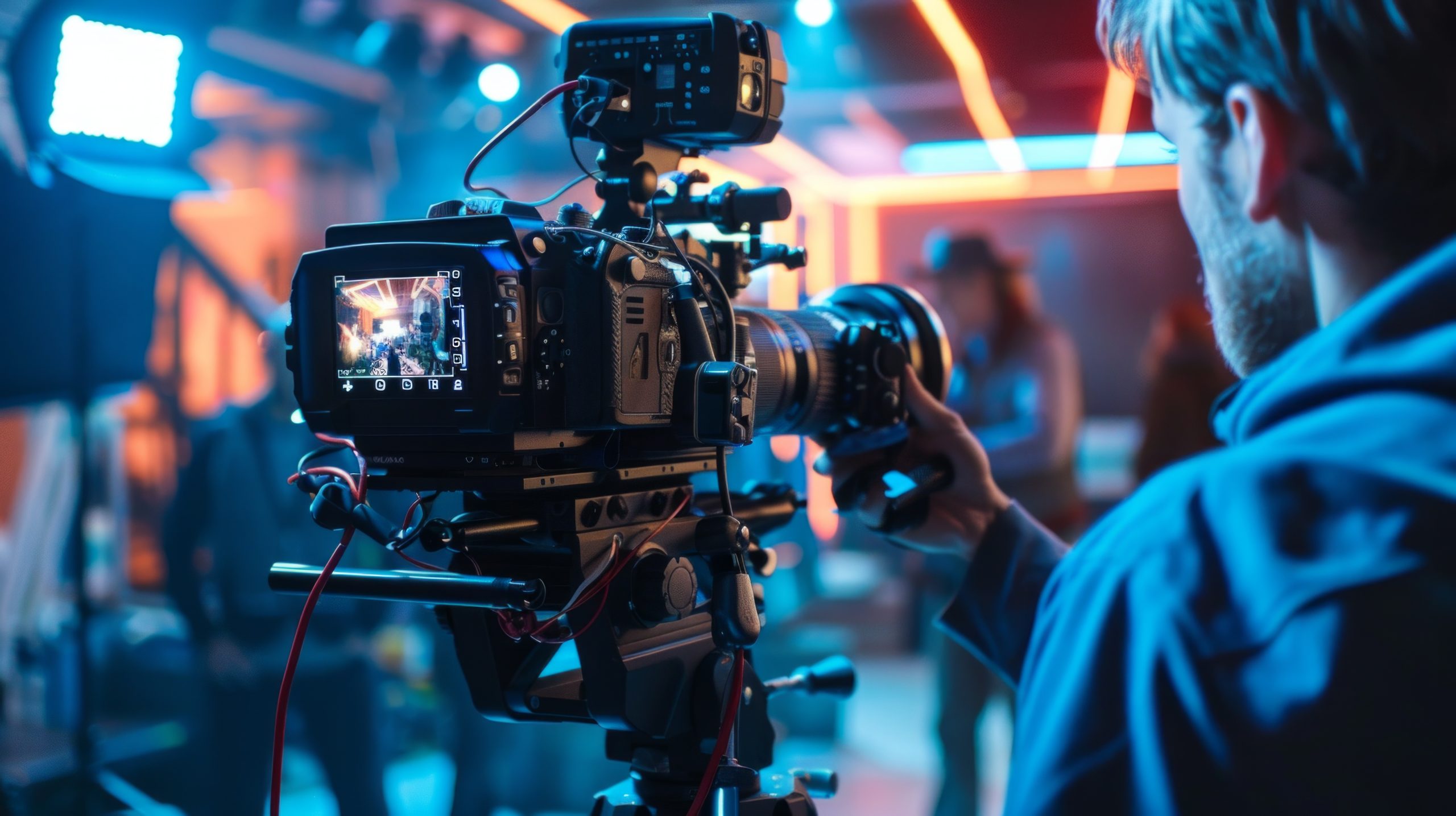 Behind the scene. Actor in front of the camera on the film set in film studio.