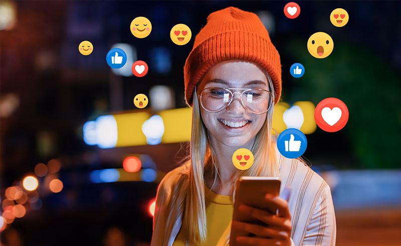 A beautiful young woman blogger, vlogger or influencer is receiv