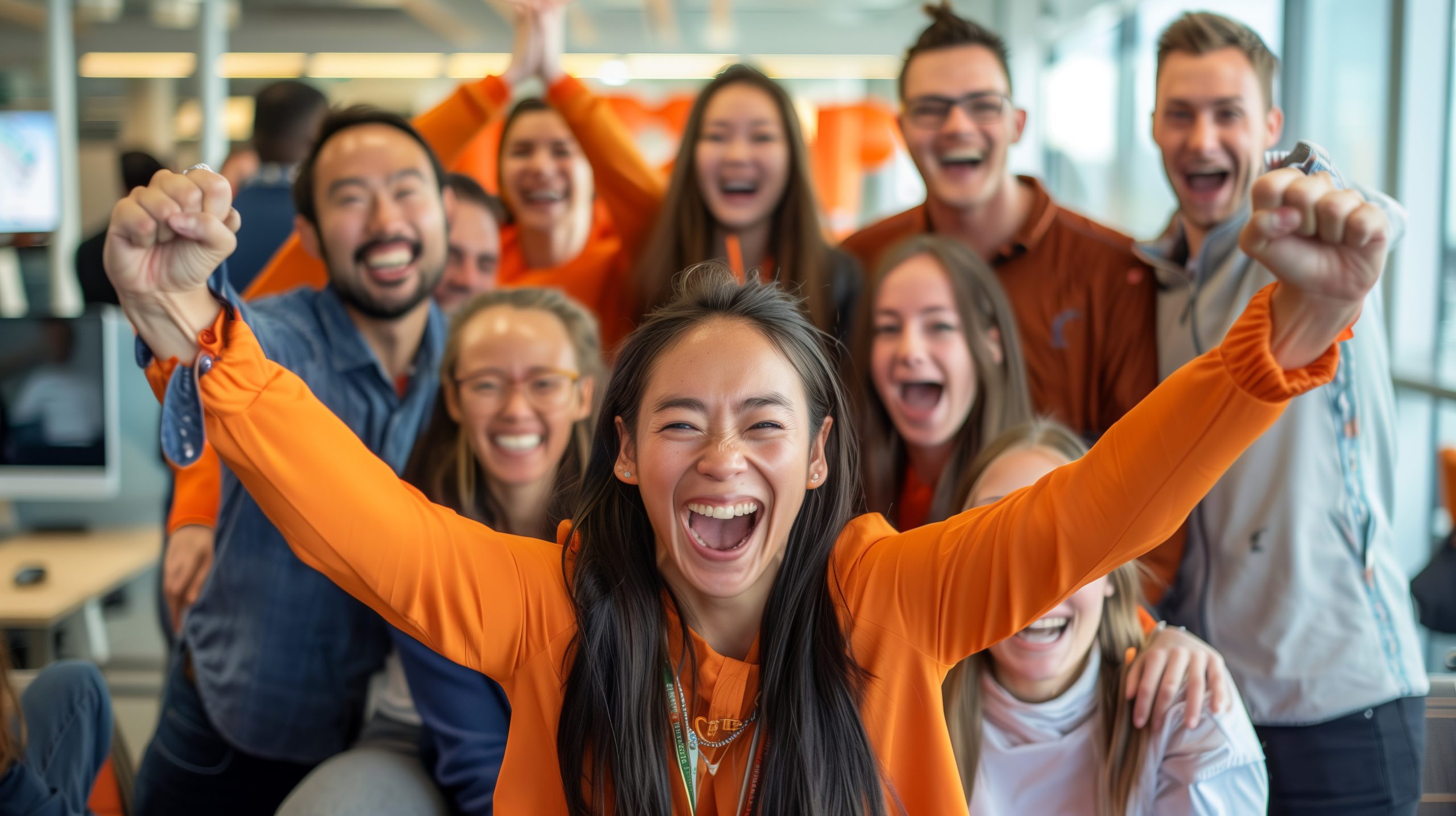 This image captures a moment of pure joy as a diverse group of colleagues in matching vibrant orange attire celebrate a triumph together. The focal point is a young woman in the foreground, her arms raised in victory, her face alight with laughter, embodying the spirit of teamwork and success. Generative AI.
