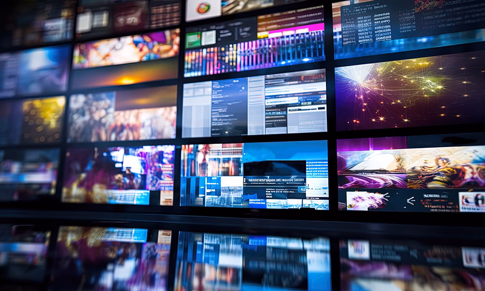 Intricate detail of a digital screen displaying a mix of news articles, social media feeds, and media content