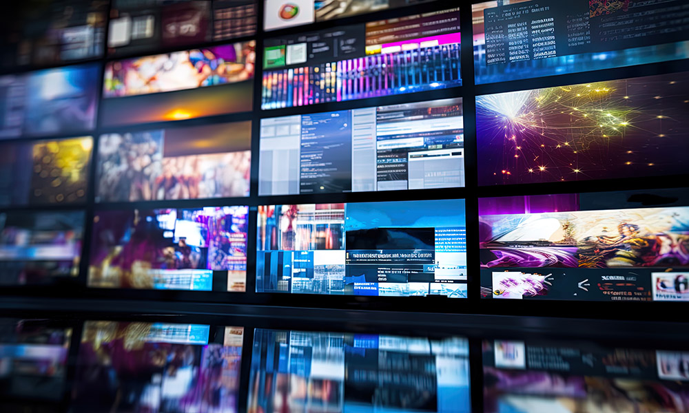 Intricate detail of a digital screen displaying a mix of news articles, social media feeds, and media content