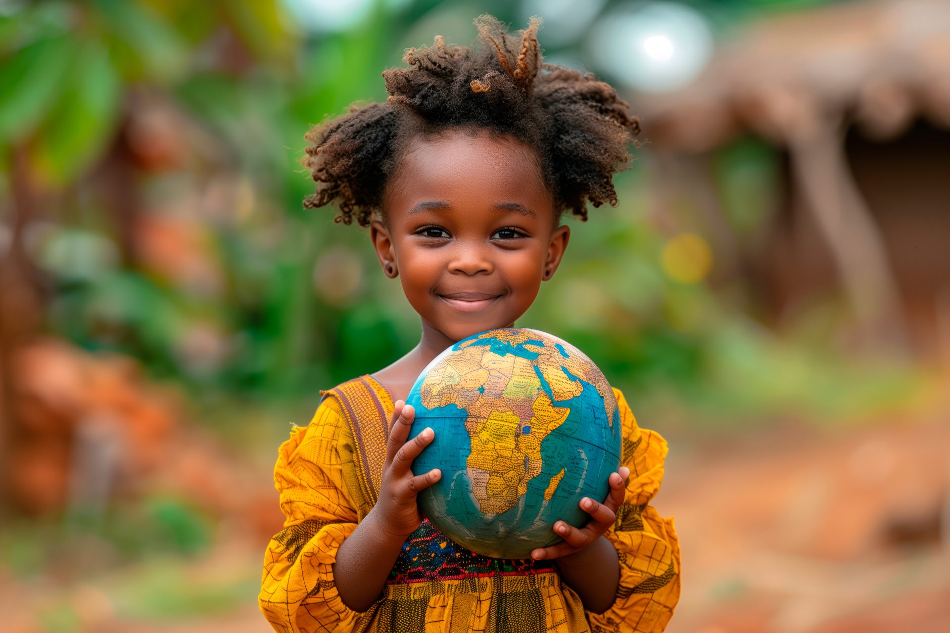 A young girl is holding a globe in her hands. She is smiling and she is happy.